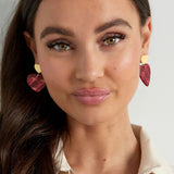 Double Heart Red Marble Earrings Gold