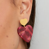 Double Heart Red Marble Earrings Gold