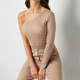 Knitted One Shoulder Top Beige