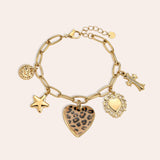 Leopard Heart with Star and Cross Armband Goud